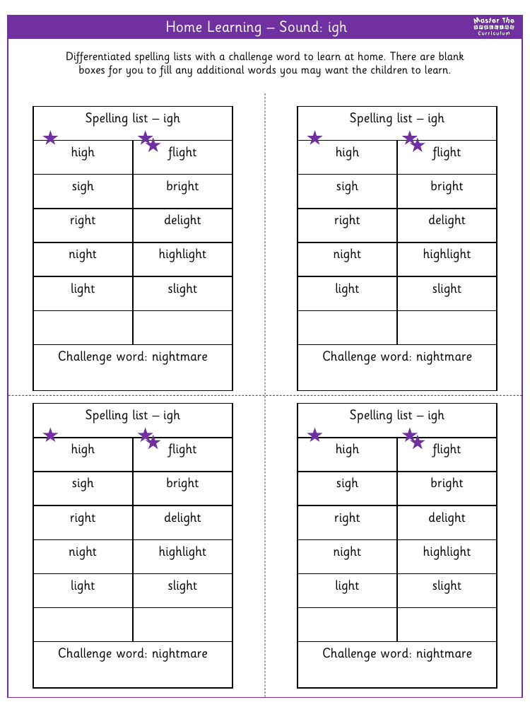 Spelling - Home learning - Sound igh