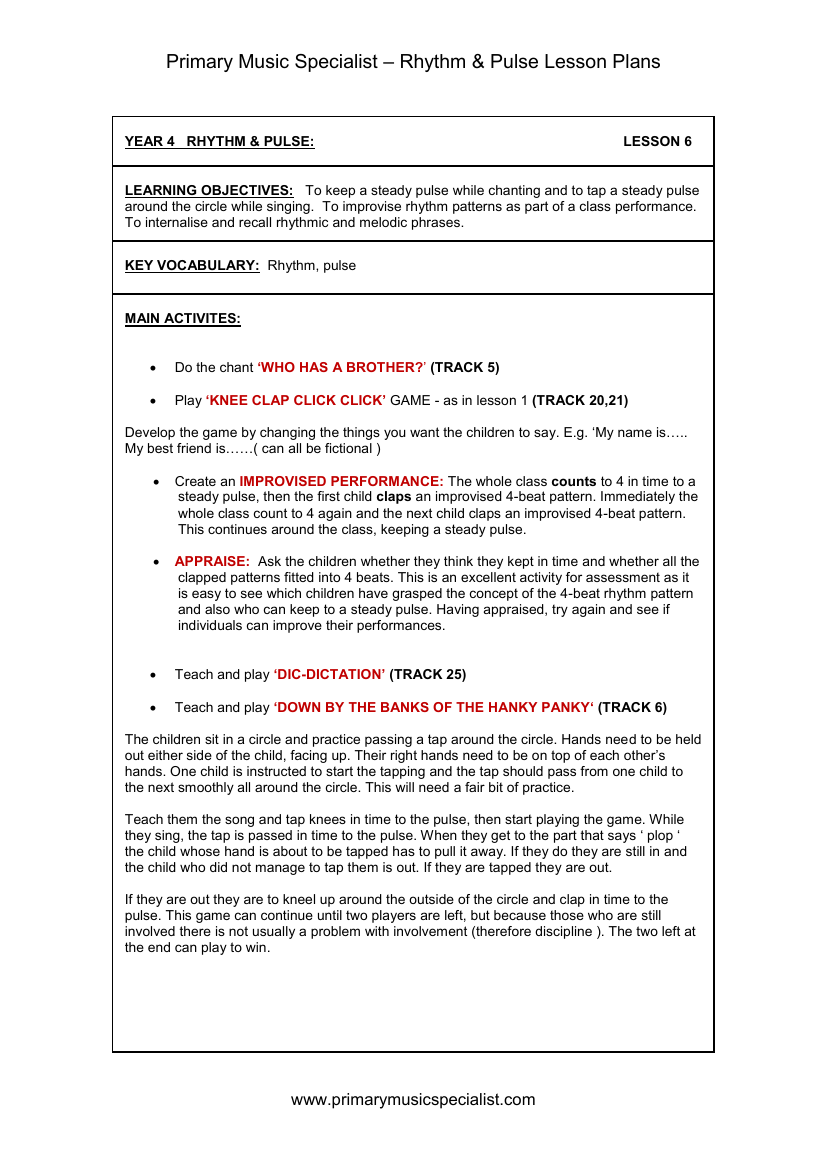 Rhythm and Pulse Lesson Plan - Year 4 Lesson 6