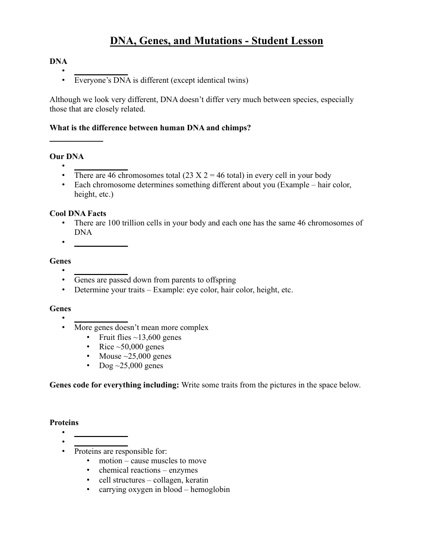 DNA, Genes, and Mutations - Student Lesson Outline