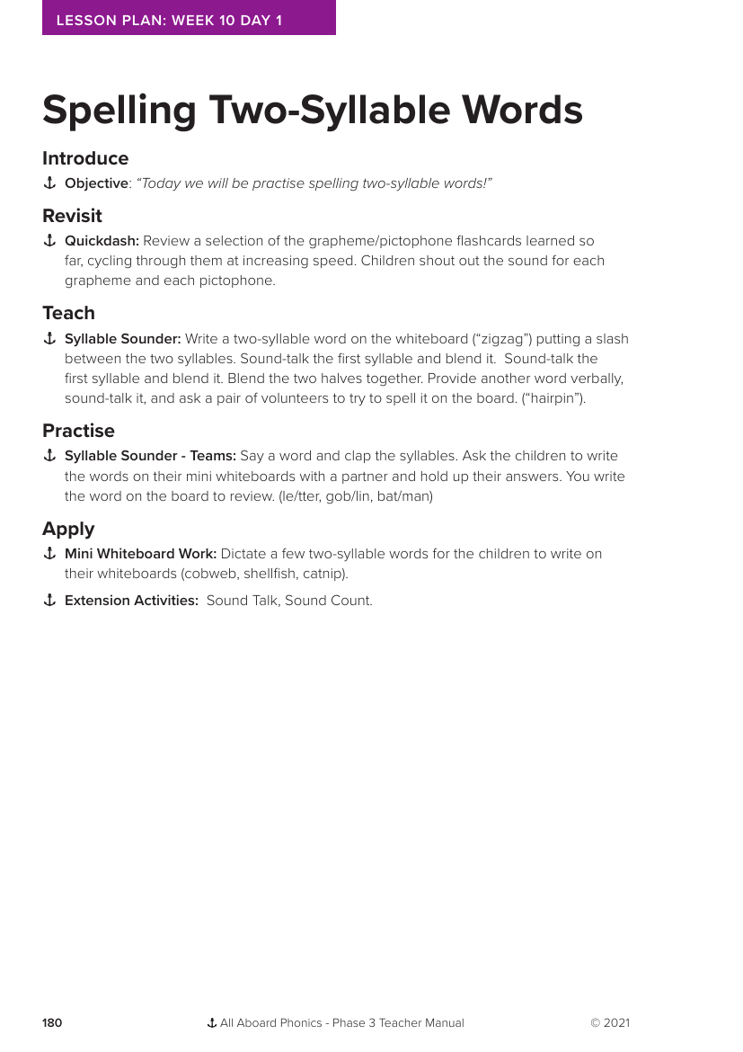 Week 10, lesson 1 Spelling Two-Syllable Words -  Phonics Phase 3 - Lesson plan