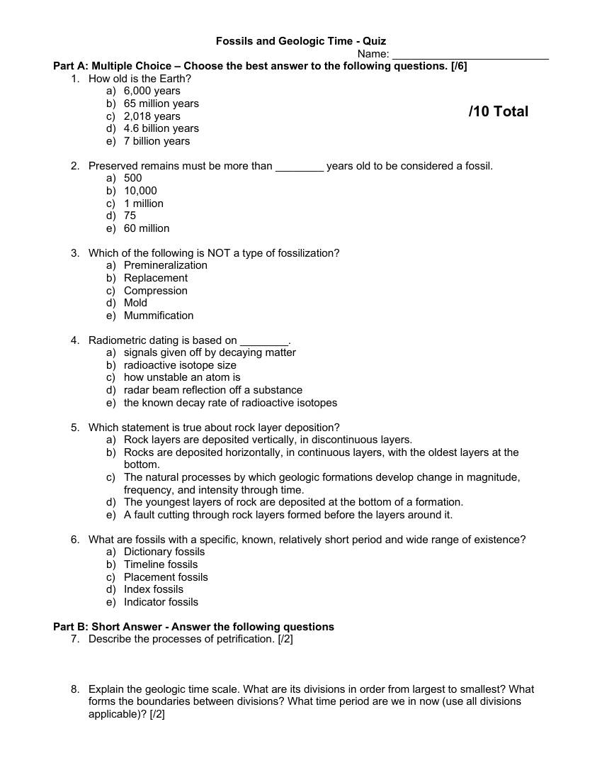 Fossils and Geologic Time - Quiz