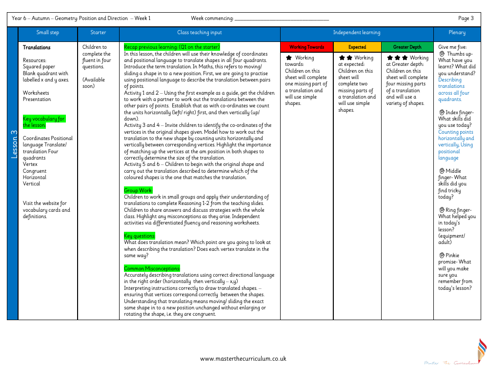 Position and Direction - Translations - Planning