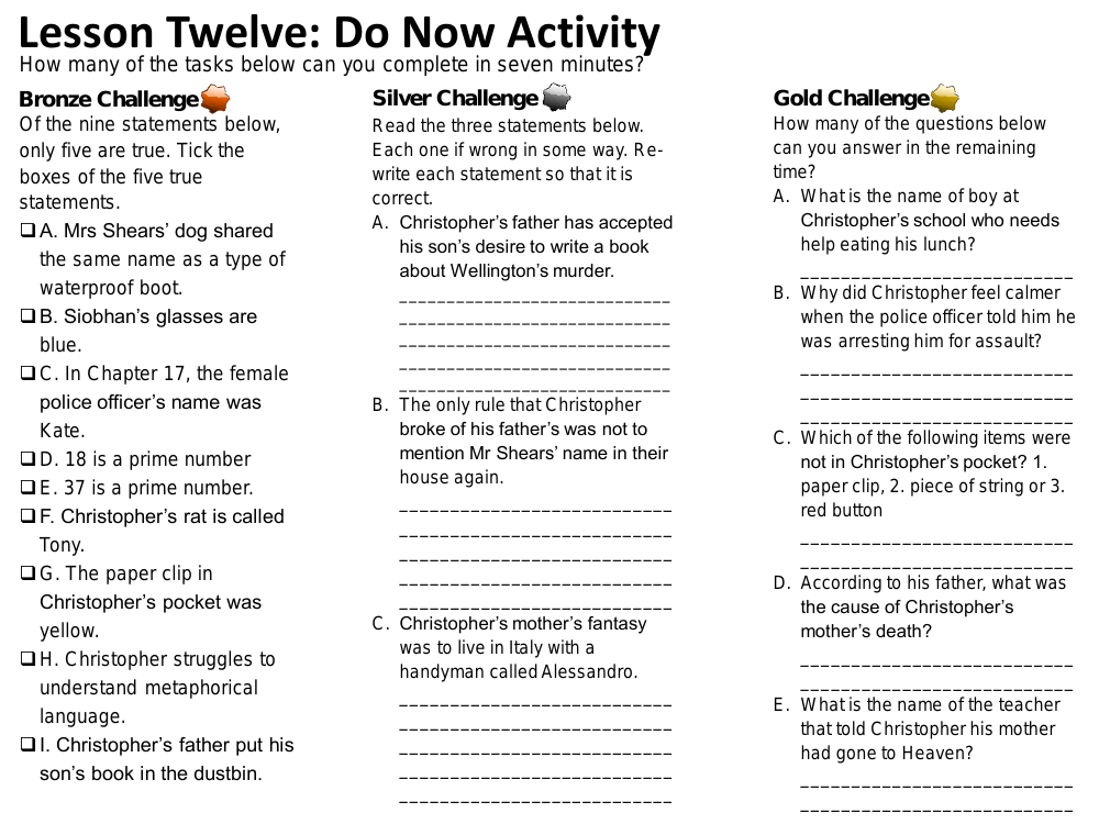 The Curious Incident of the Dog in the Night-time - Lesson 12 - Worksheet