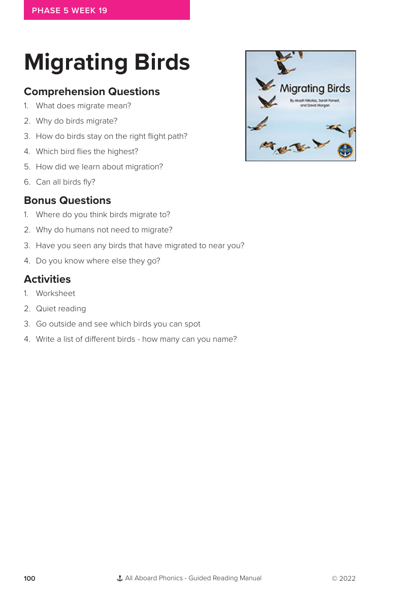 Week 19, Guided Reading "Migrating Birds" - Phonics Phase 5 - Worksheet