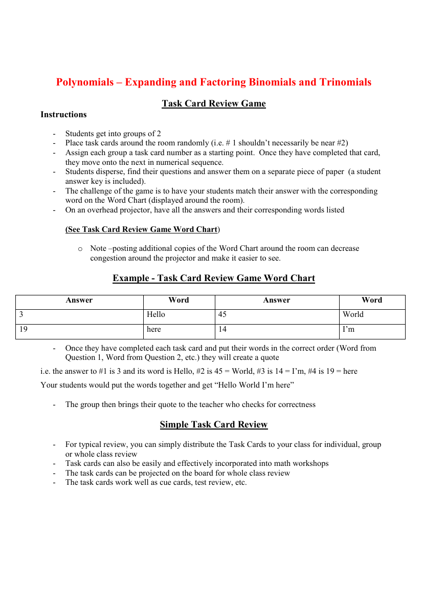 Polynomials - Expanding and Factoring Binomials and Trinomials - Tasks Card Activity