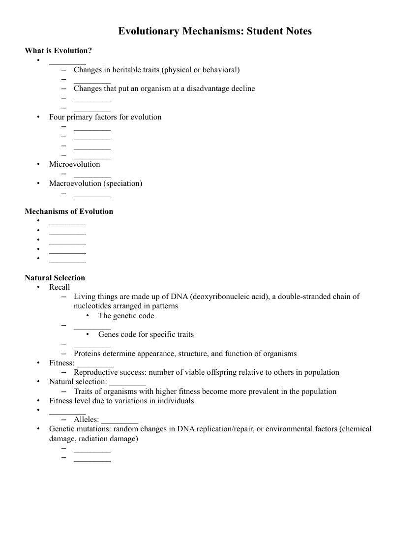 Evolutionary Mechanisms - Student Lesson Outline