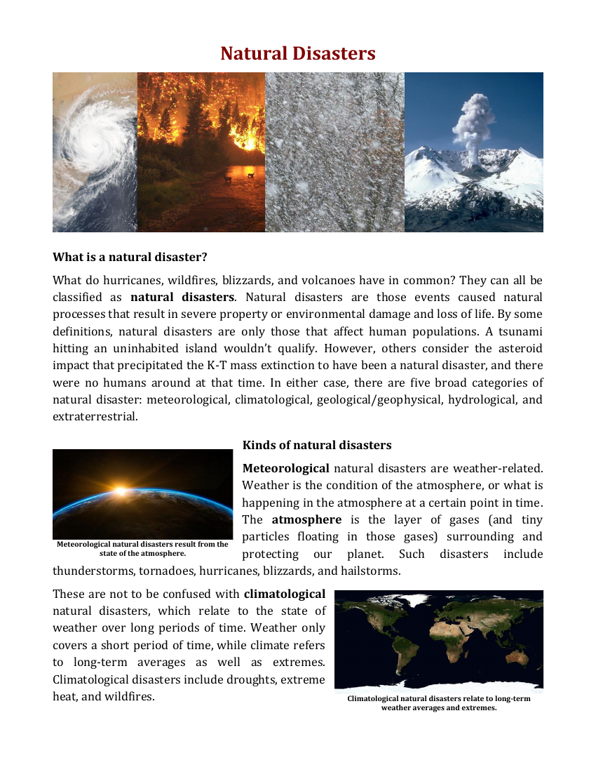 Natural Disasters - Reading with Comprehension Questions