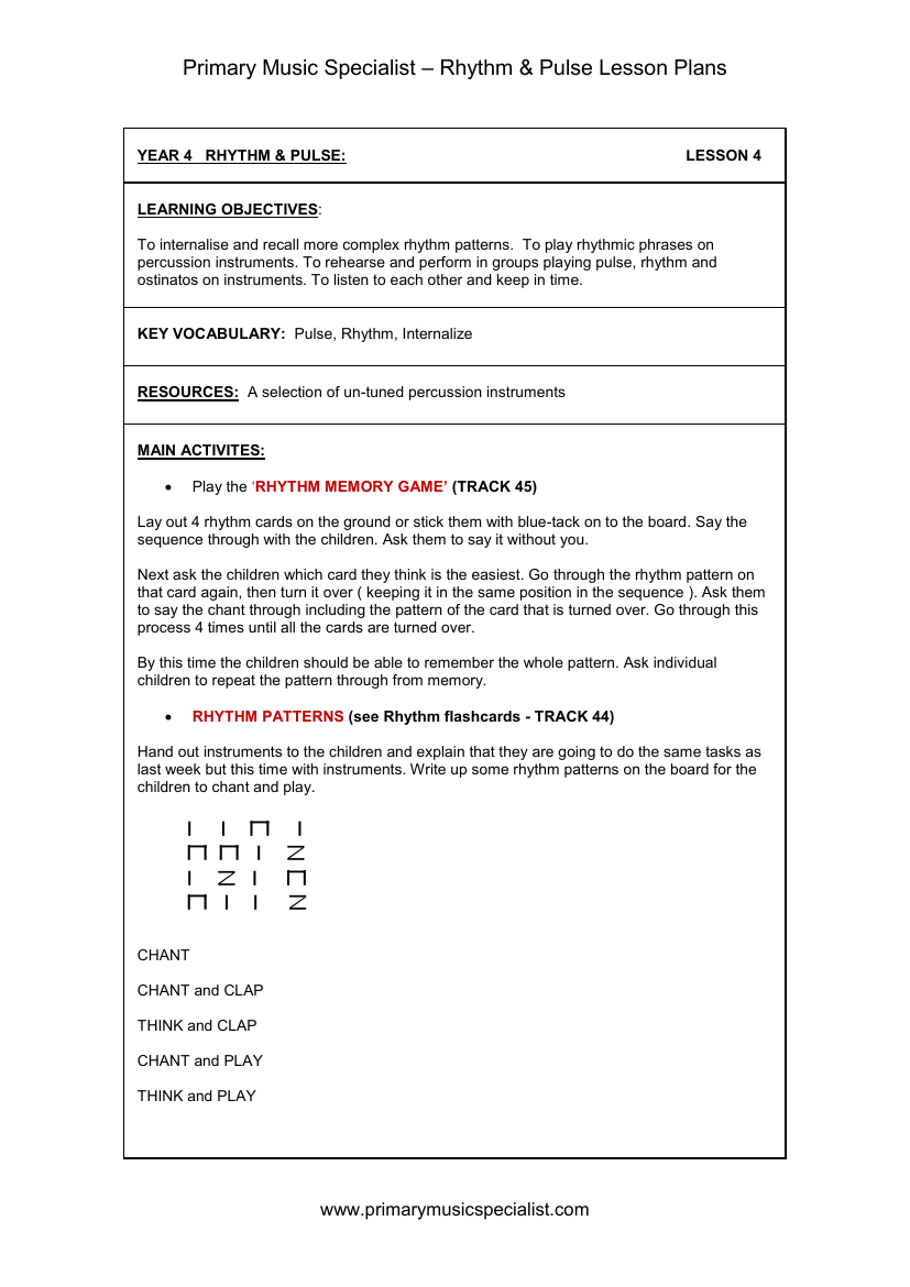 Rhythm and Pulse Lesson Plan - Year 4 Lesson 4