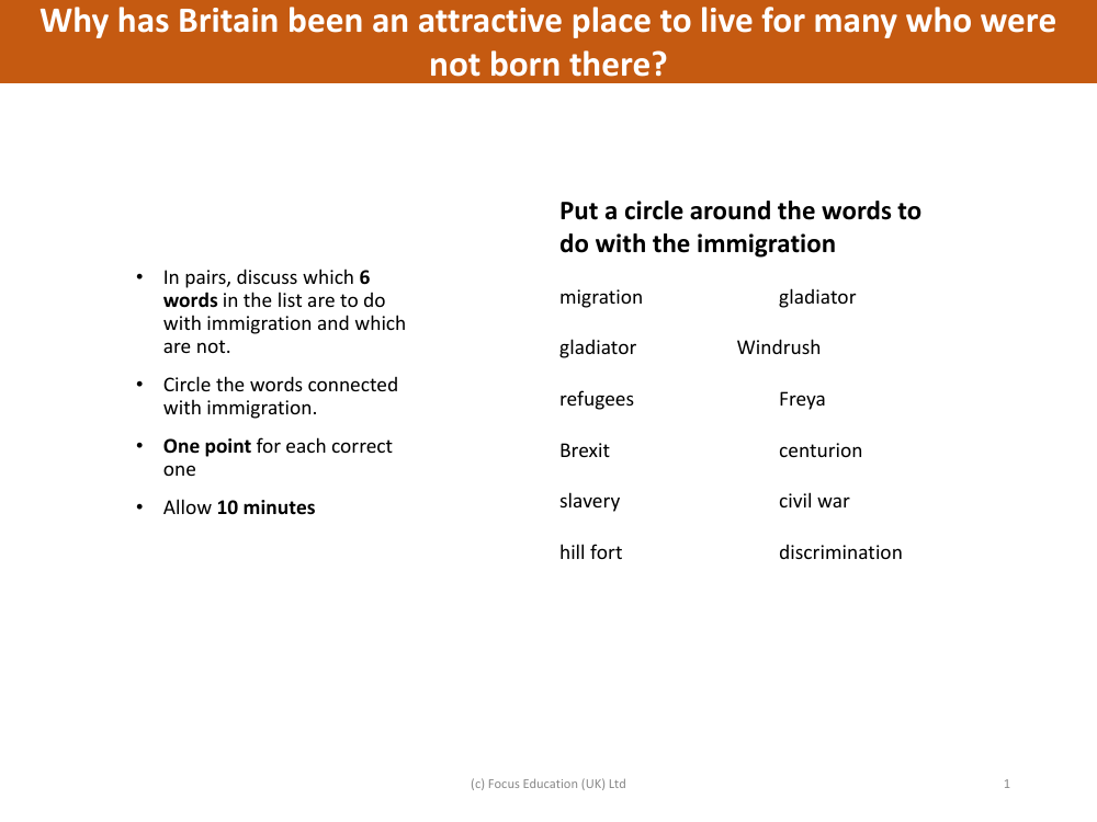 Put a circle around words to do with immigration - Immigration to Britain - Year 6