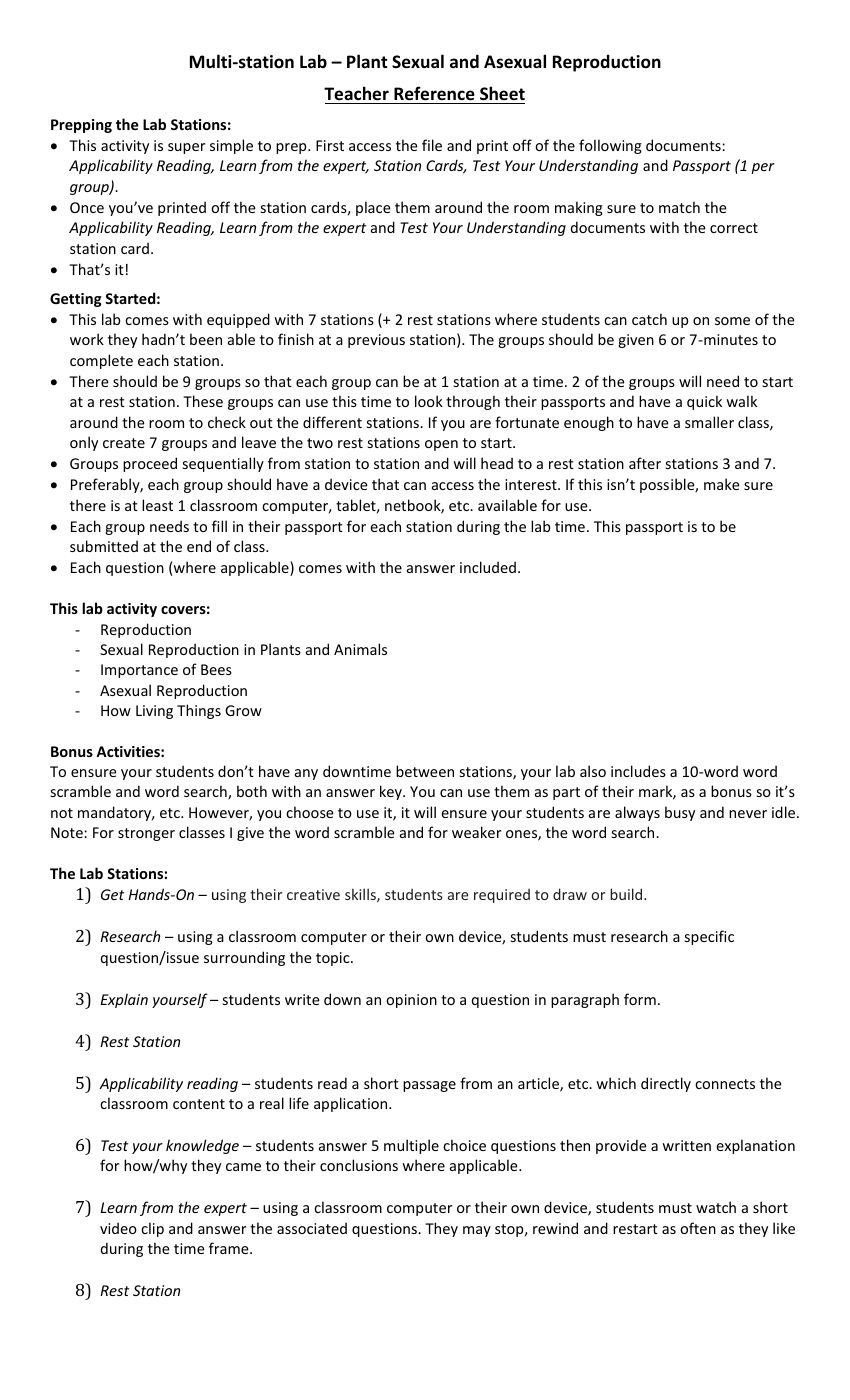 Plant Sexual and Asexual Reproduction - Activity Instructions