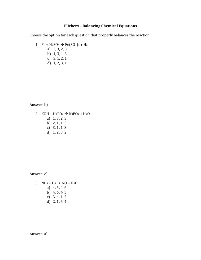 Balancing Chemical Equations -  Additional Questions