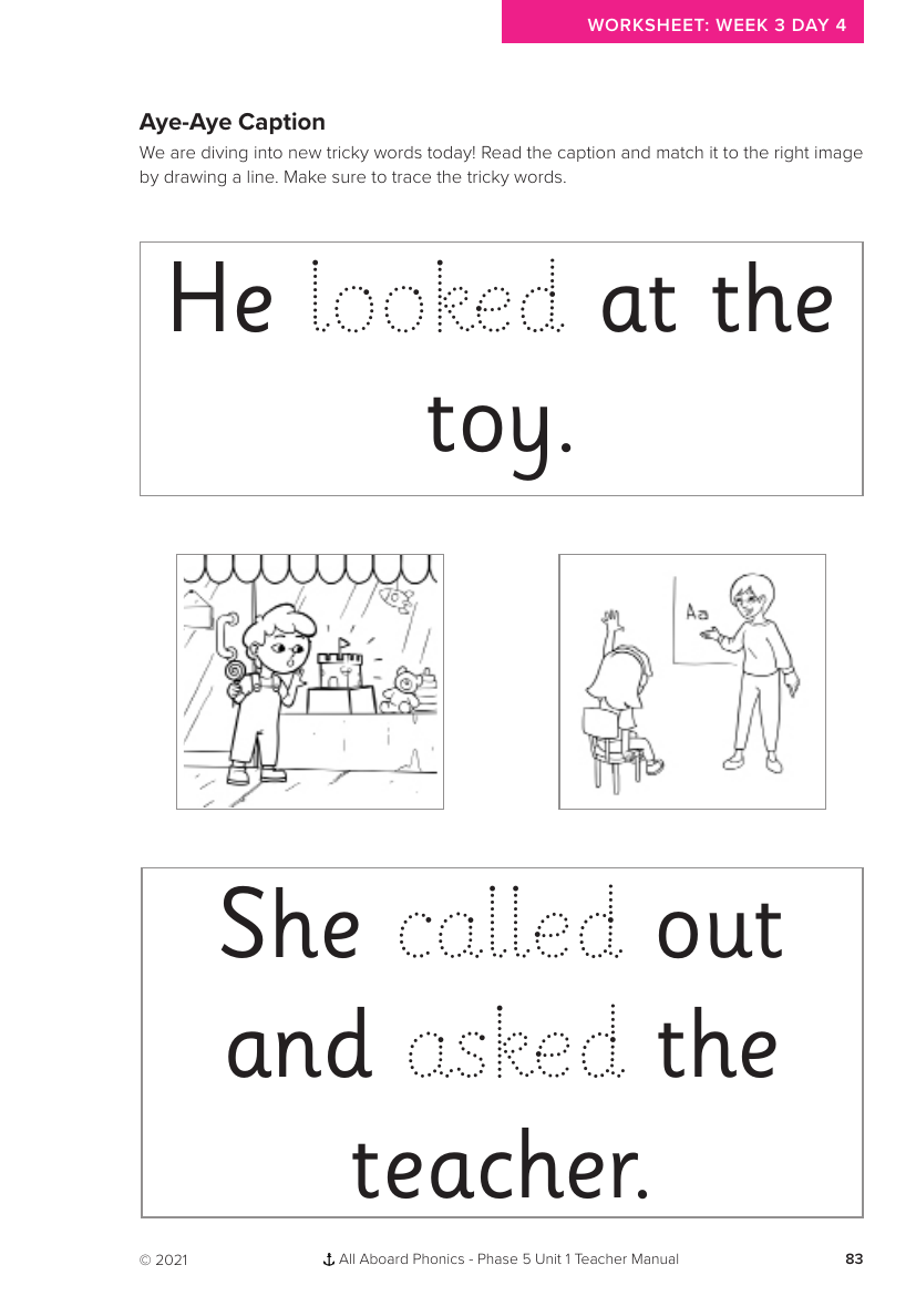 Week 3, lesson 4 Aye-Aye Caption activity) - Phonics Phase 5, unit 1 - Worksheet