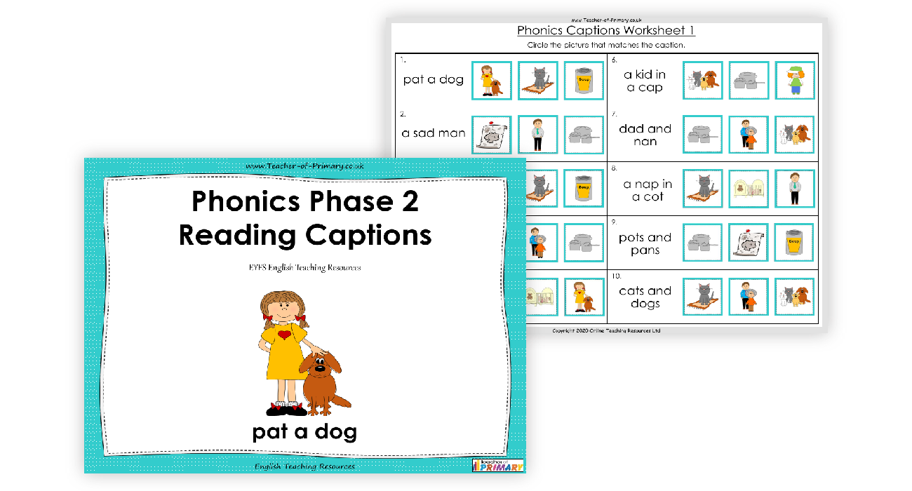 Phonics Phase 2 Captions - English Phonics Teaching PowerPoint withs and Prinatable Flashcards
