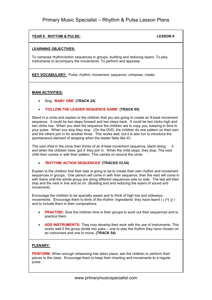 Rhythm and Pulse Lesson Plan - Year 6 Lesson 6