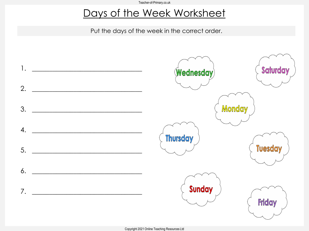 Days of the Week Measurement - Worksheet
