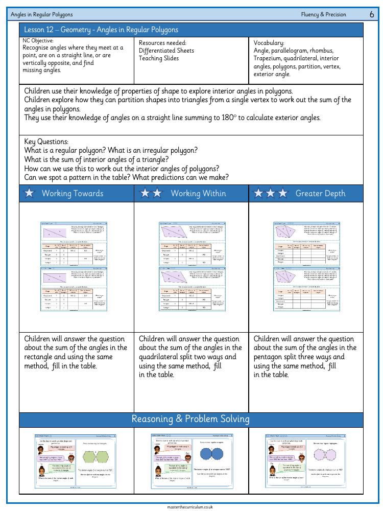 Properties of Shape - Angles in Regular Polygons - Worksheet