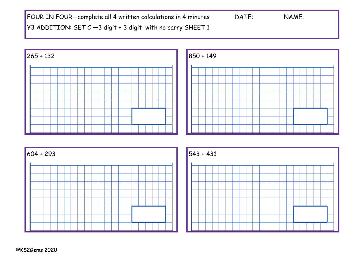 Four in Four - Addition Set C - 3d + 3d with no carry