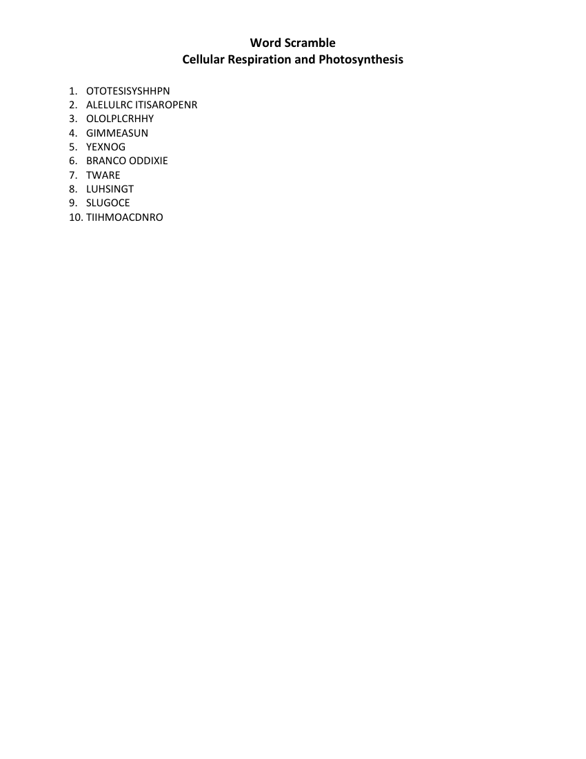 Cellular Respiration Photosynthesis - Word Scramble