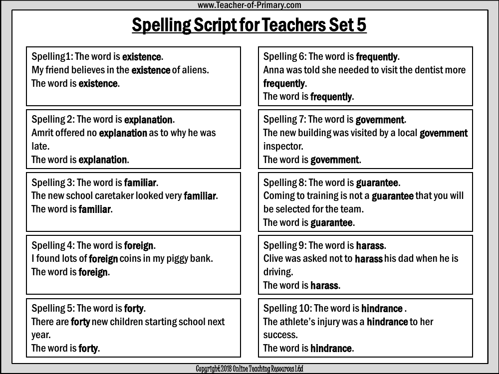 Spellings - Set 5 Teachers Script