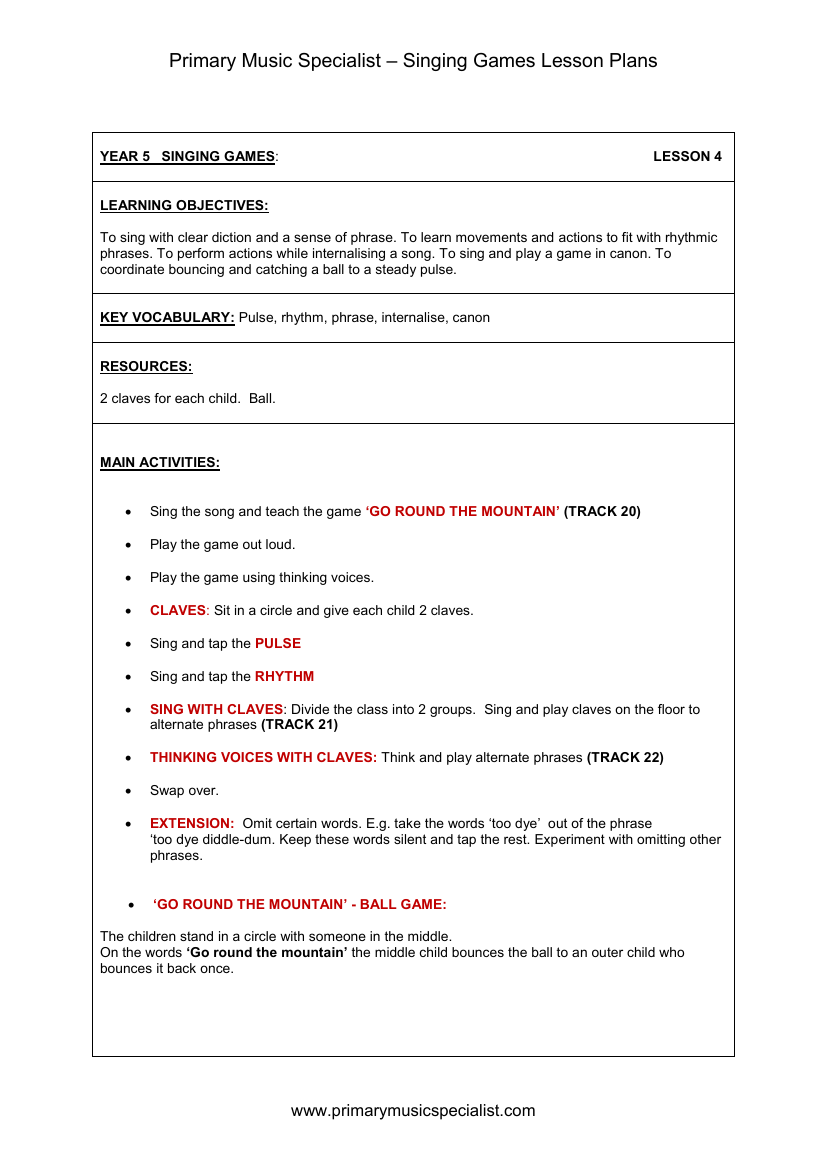 Singing Games Lesson Plan - Year 5 Lesson 4