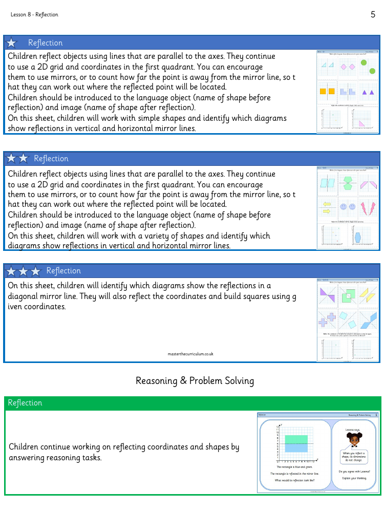 Position and Direction - Reflection - Worksheet