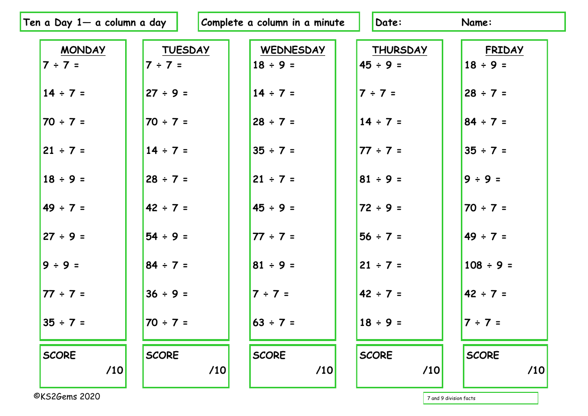 Ten a Day 7 and 9 Division Facts