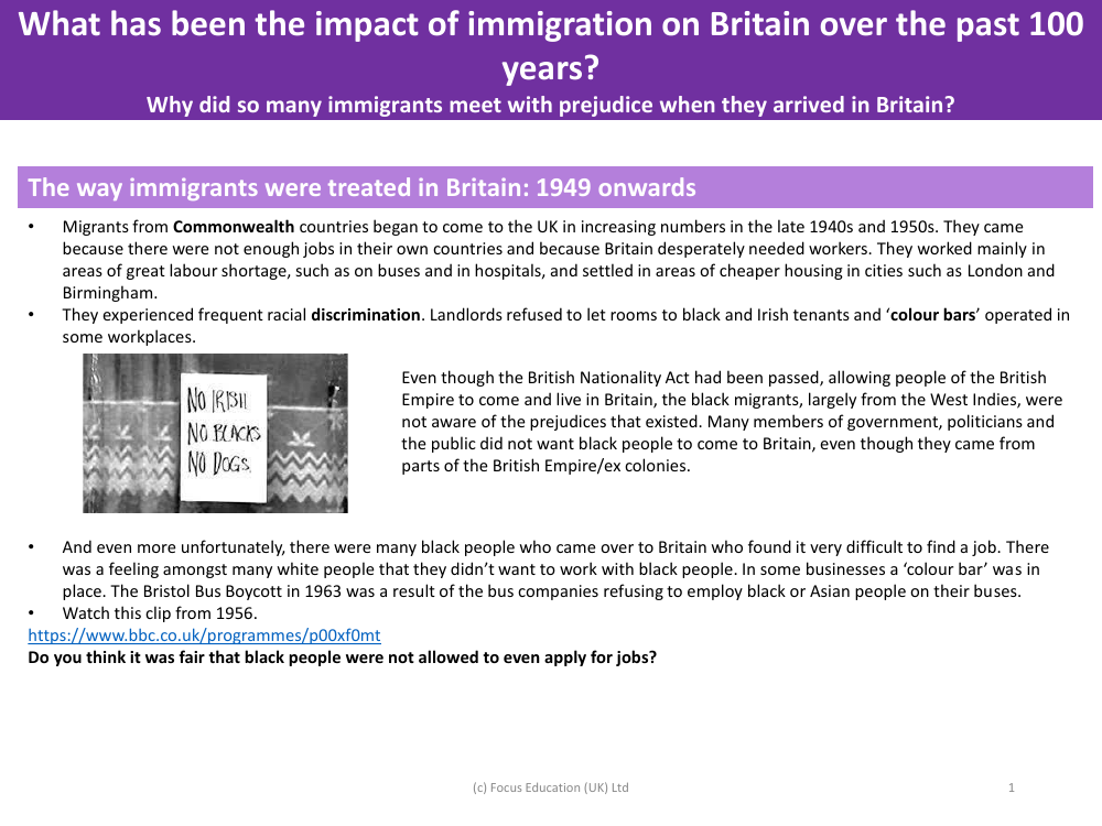 The way immigrants were treated in Britain: 1949 onwards - Info sheet