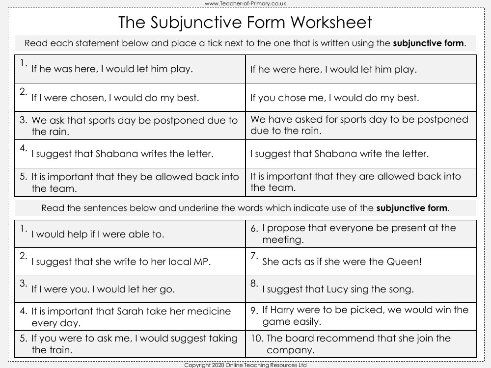 Subjunctive Form - Worksheet