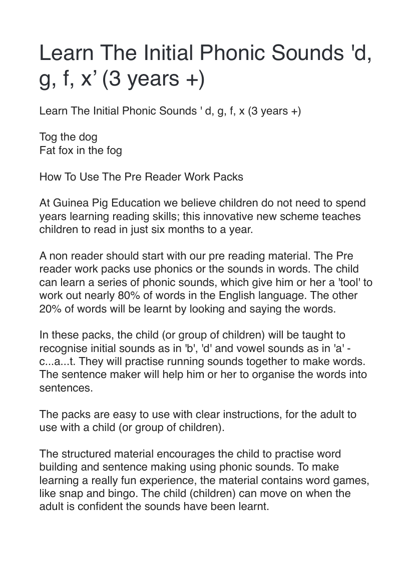 Learn The Initial Phonic Sounds 'd, g, f, x’ (3 years +) - Teacher Notes