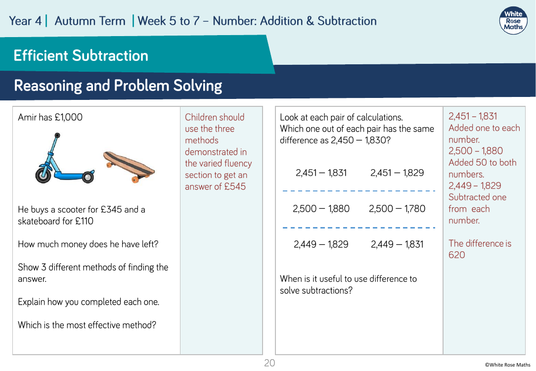 subtraction reasoning and problem solving year 4