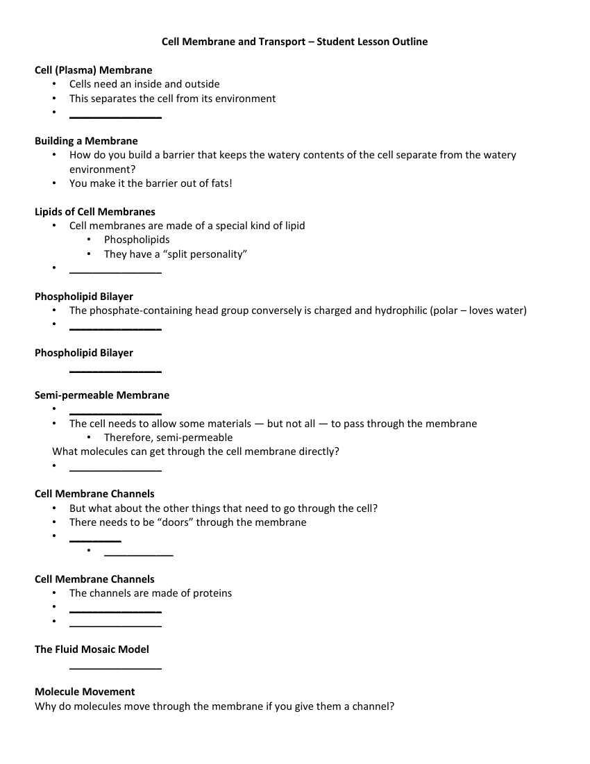 Cell Membrane and Transport - Student Lesson Outline