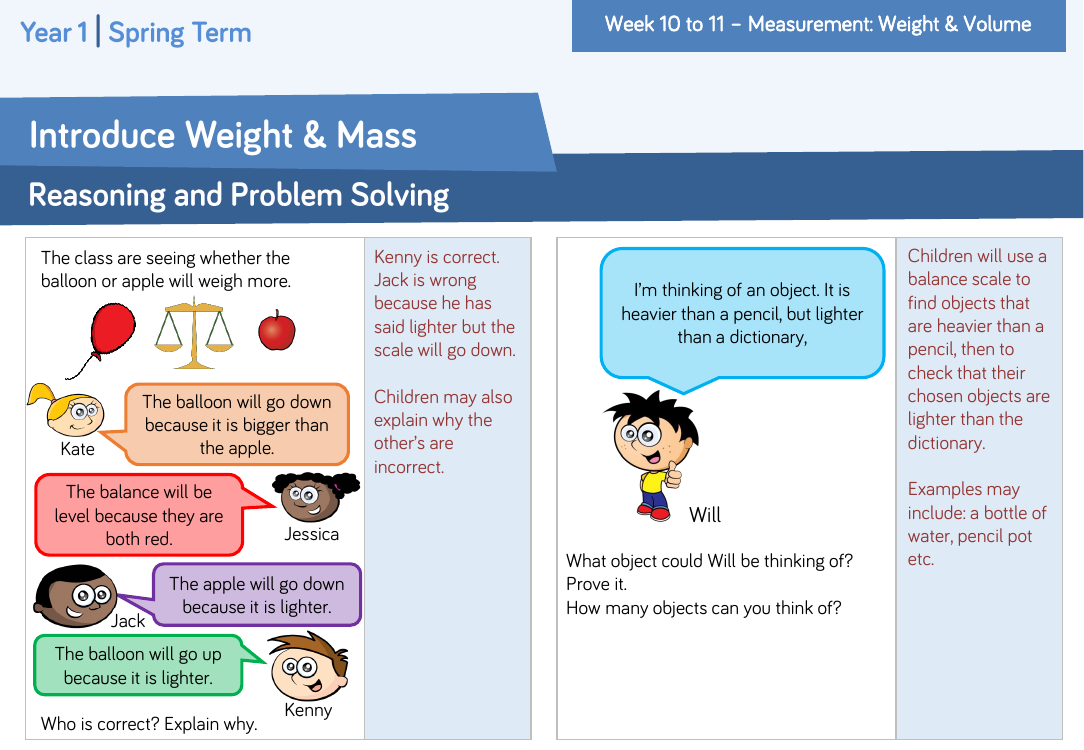 Introduce weight and mass: Reasoning and Problem Solving