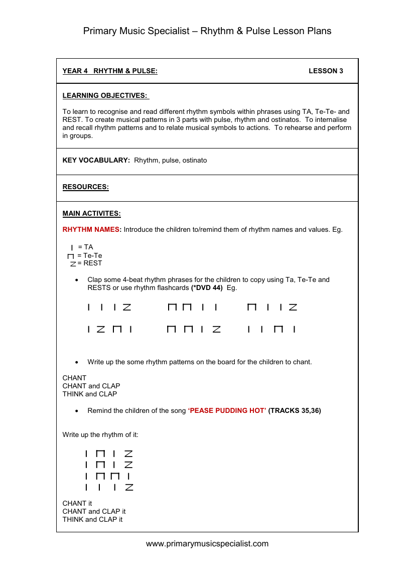 Rhythm and Pulse Lesson Plan - Year 4 Lesson 3