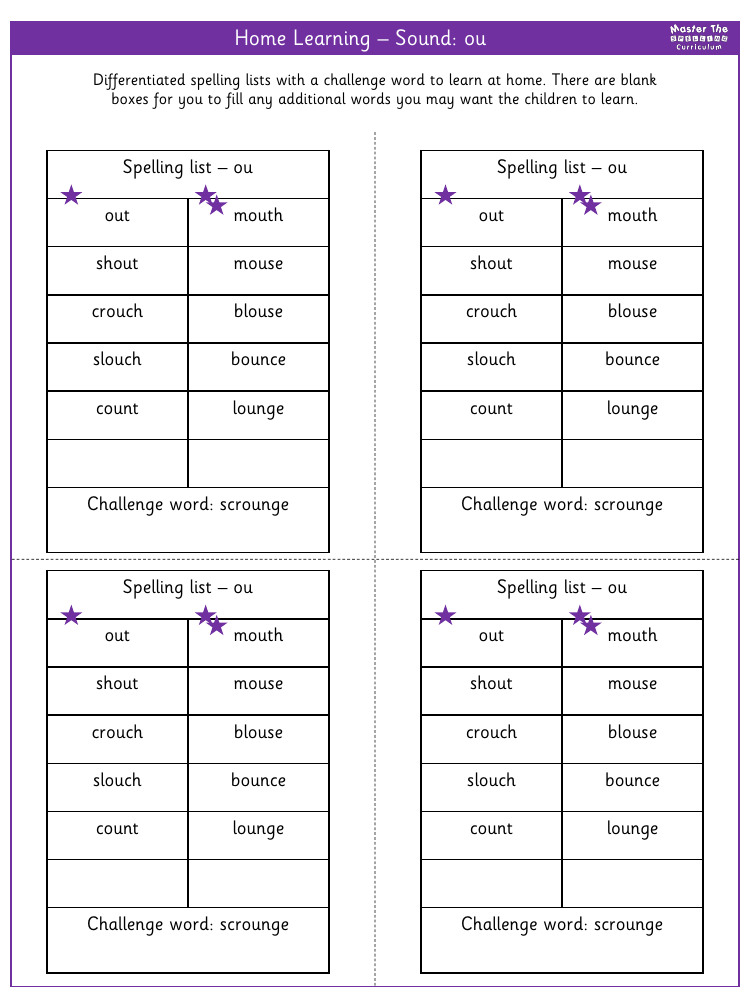 Spelling - Home learning - Sound ou