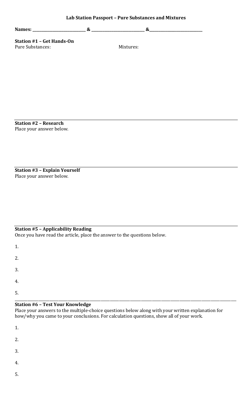 Pure Substances and Mixtures - Lab Station Passport