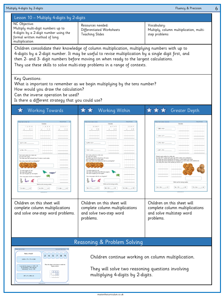 Addition, Subtraction, Multiplication and Division - Multiply 4-digits by 2-digits - Worksheet