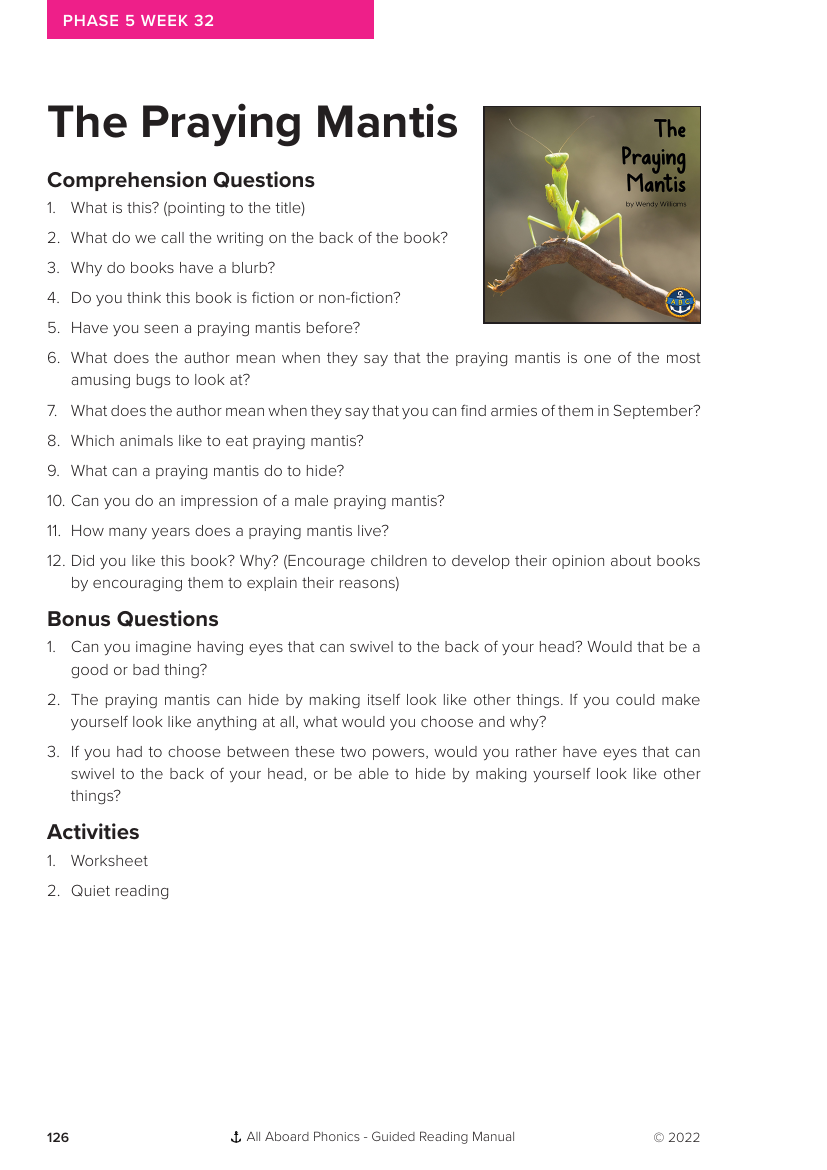 Week 32, Guided Reading "The Praying Mantis" - Phonics Phase 5 - Worksheet