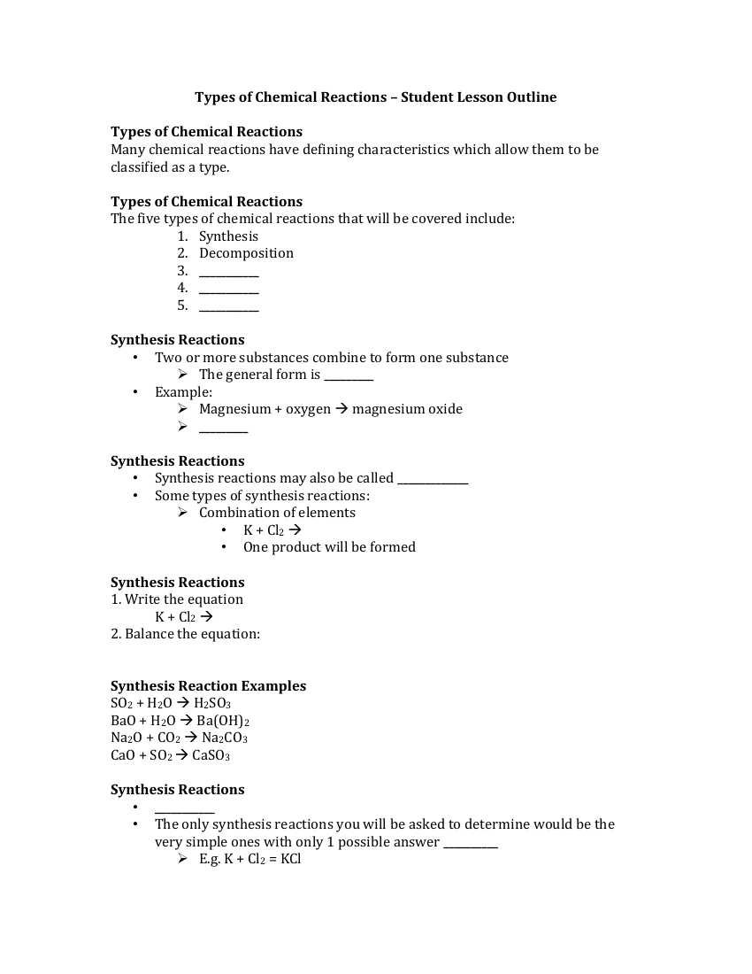 Types of Chemical Reactions - Student Lesson Outline