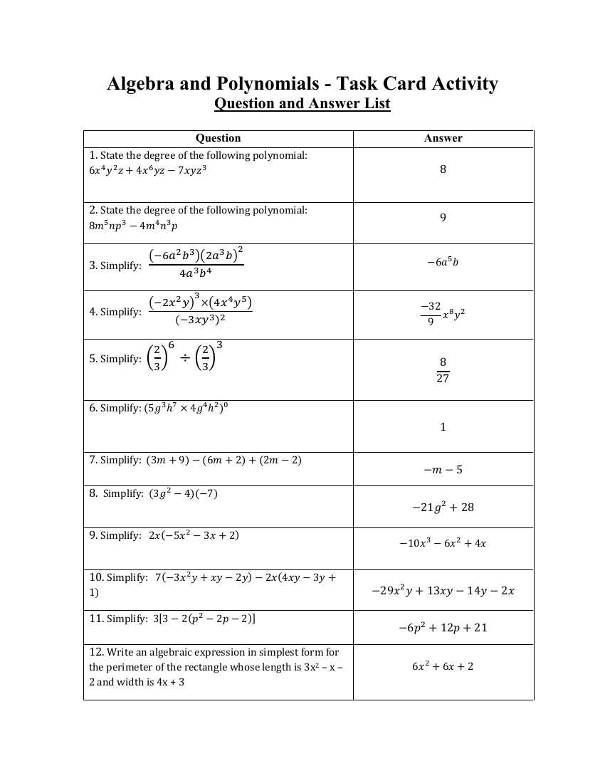 Algebra and Polynomials - Task Card Activity Answers