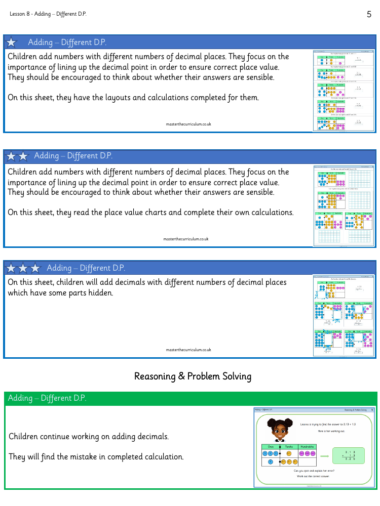 Decimals - Add Decimals with Different Decimal Places - Worksheet