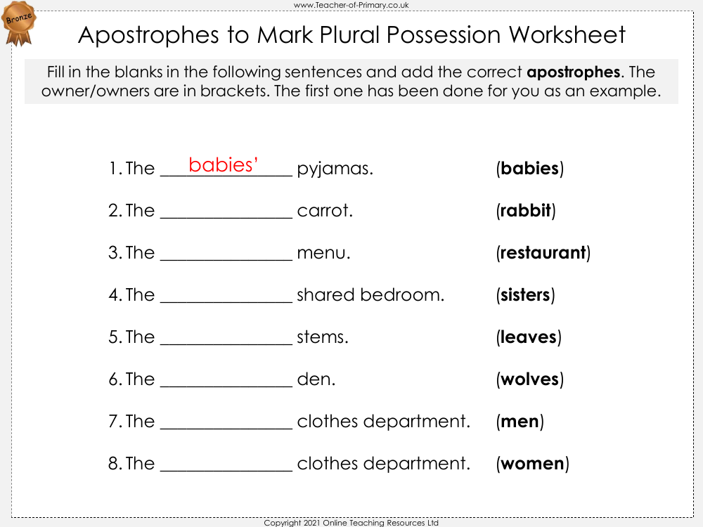 Apostrophes to Mark Plural Possession - Worksheet