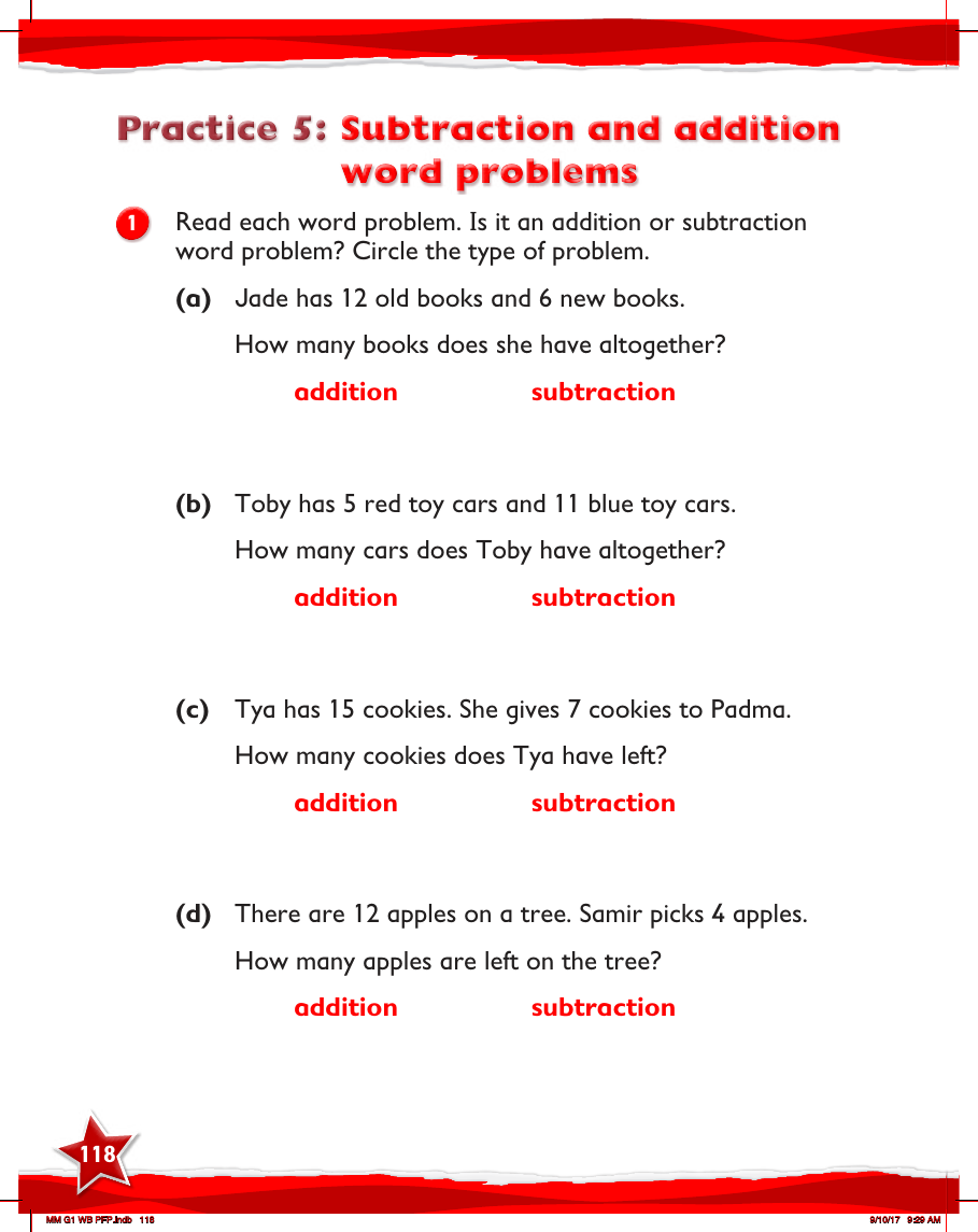 Max Maths, Year 1, Work Book, Subtraction and addition word problems