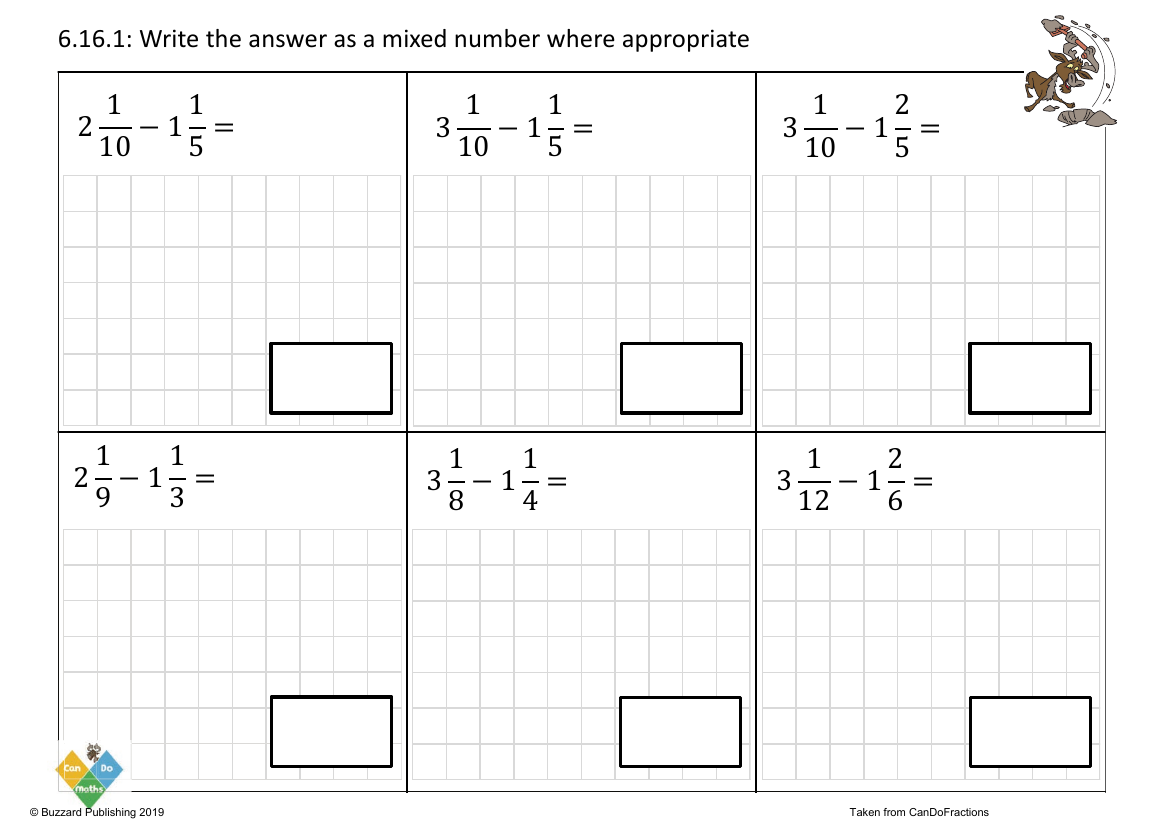 Subtract mixed from mixed numbers denominators multiples (across whole)