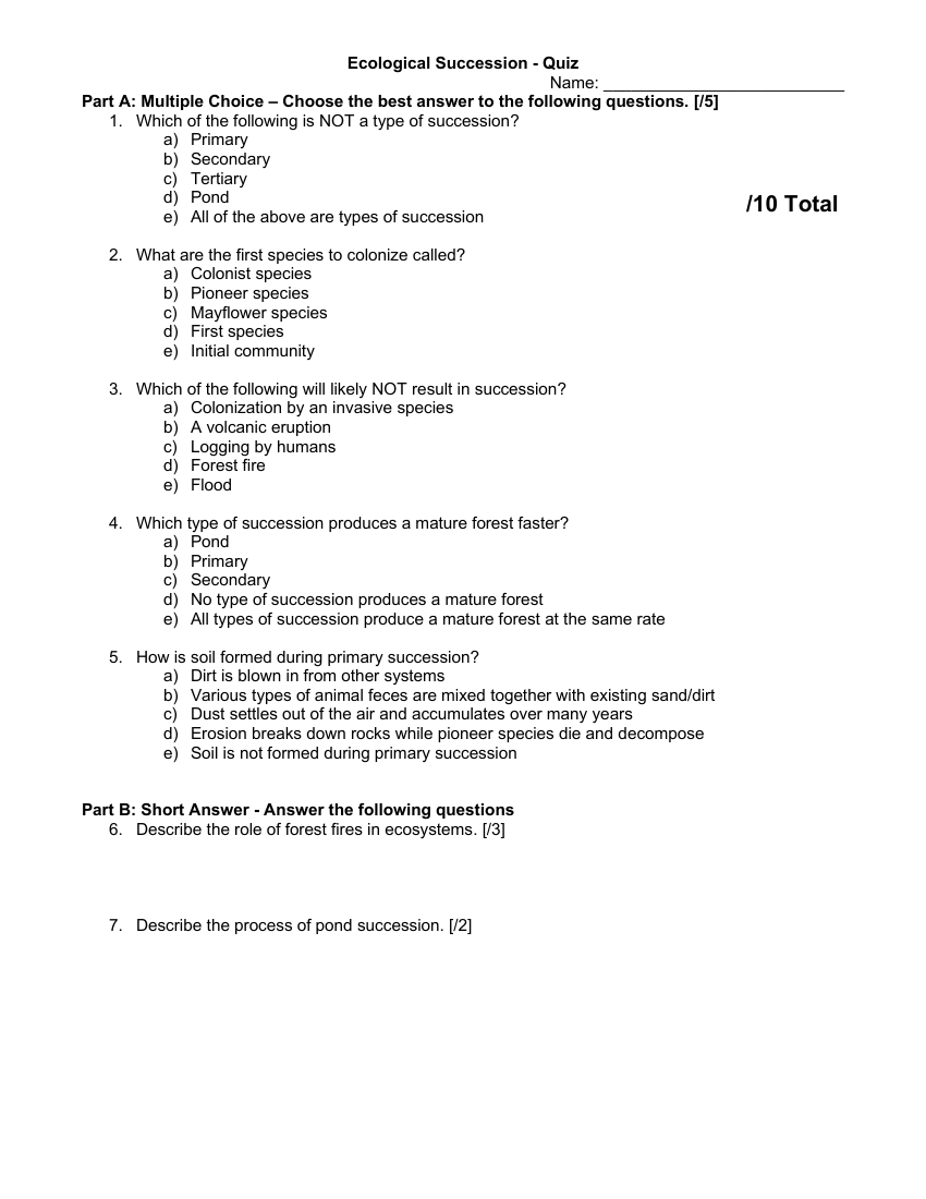 Ecological Succession - Quiz