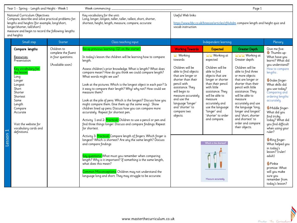 Length and height - Comparing lengths - Planning