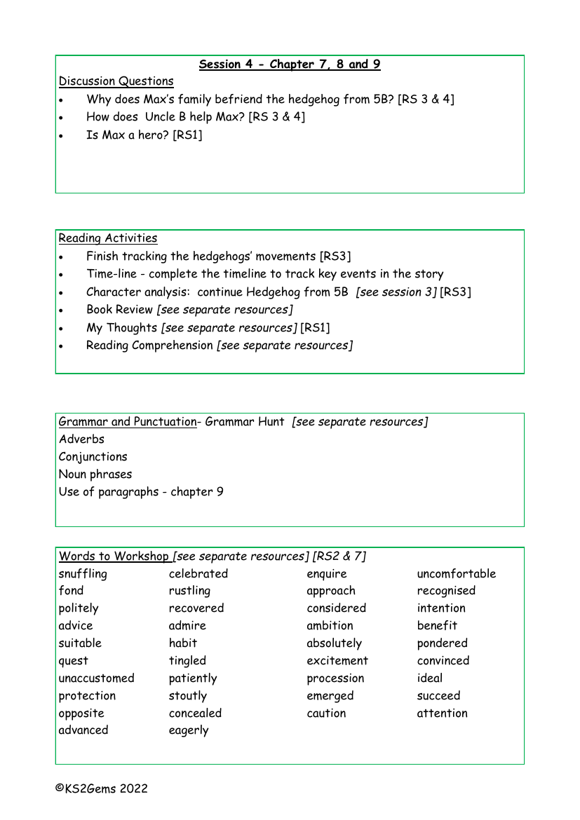 The Hodgeheg - Session 4 - Chapter 7, 8 and 9 - Worksheet