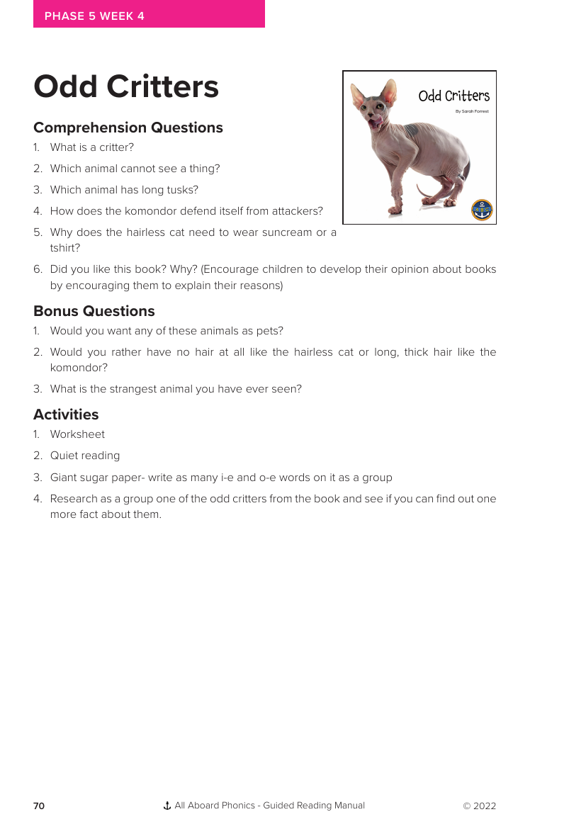 Week 4, Guided Reading "Odd Critters" - Phonics Phase 5, unit 1 - Worksheet