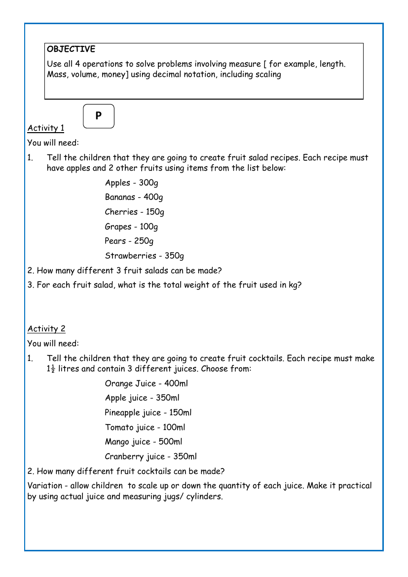 Using all four operations to solve measure problems worksheet