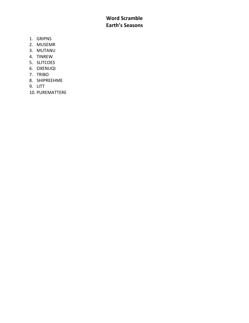 Earth's Seasons - Word Scramble