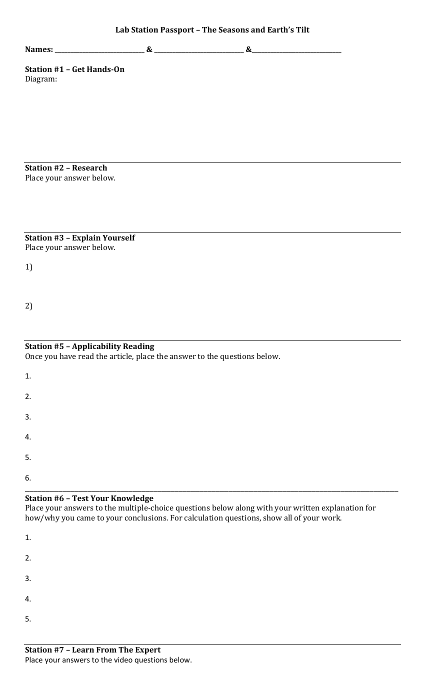 Earth's Seasons - Lab Station Passport
